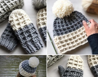 May include: A set of crocheted winter accessories in gray and white, including a hat with a pom pom, and matching mittens. The hat and mittens feature a waffle stitch pattern.