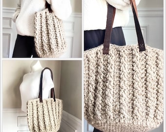 CROCHET PATTERN with YouTube tutorial, The Kortland Crochet Tote Pattern, Crochet Bag Pattern, Crochet Cabled Bag Pattern,