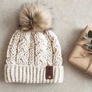 Cabled Beanie Crochet Pattern + Video Tutorial, Double Brim Winter Hat (3 Sizes), PDF