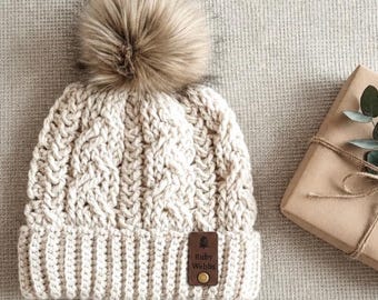 Cabled Beanie Crochet Pattern + Video Tutorial, Double Brim Winter Hat (3 Sizes), PDF