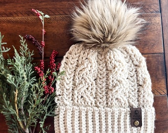 Cabled Beanie Crochet Pattern, Double Brim Winter Hat (PDF Pattern + Video Tutorial, 3 Sizes)