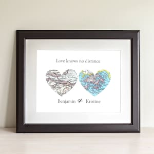 Two Hearts Map Art Print: Hometown Cities Wall Decor, Long Distance Relationship Gift