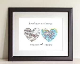 Love Knows No Distance Two Heart Map Art Print. Print Only NO Frame. You Pick Cities Worldwide. Long Distance Relationship Couples Art