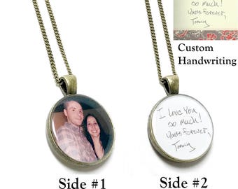 Personalized Handwriting Necklace. Create Your Own Custom Photo And Signature Necklace. Double Sided Handwriting Jewelry. Engagement Gifts