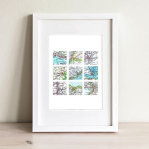 Impresión artística de mapa cuadrado. Solo impresión, SIN marco. Nueve ciudades y texto personalizado. Decoración personalizada con mapa para el hogar. Regalo para el Día del Padre para él. Regalo para papá
