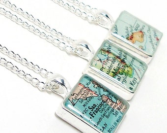 CUSTOM Vintage Map Square Necklace. You Select Location Anywhere In The World. One Necklace. Map Pendant. Map Jewelry. Travel. Personalized.