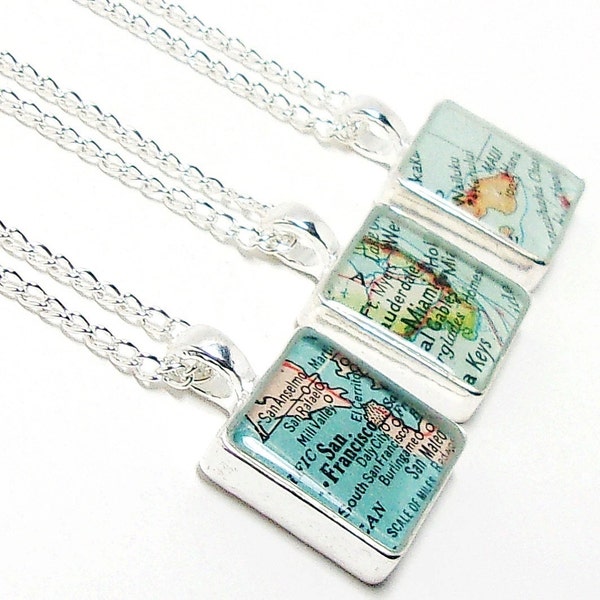 CUSTOM Vintage Map Square Necklace. You Select Location Anywhere In The World. One Necklace. Map Pendant. Map Jewelry. Travel. Personalized.