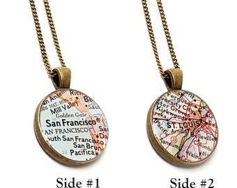 Double Sided Map Necklace. You Select Two Locations Or Personalize With a Photo, Quote, Names, Dates. Two Sided Map Jewelry. Front and Back.