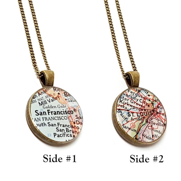 Double Sided Custom Vintage Map Necklace. You Select Two Locations Or Personalize With a Photo, Quote, Names, Dates. Mother's Day Graduation