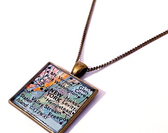 New York Map Necklace. New York Necklace. Made With A 1974 Vintage Map. Ready To Ship. Resin Pendant Necklace. Hometown City Christmas Gift