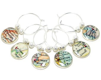 Wine Glass Charms. Set of Six. You Select Locations Worldwide. Personalized Gift. Vintage Map Wine Charms. Wine Charms. Travel Gifts Unique
