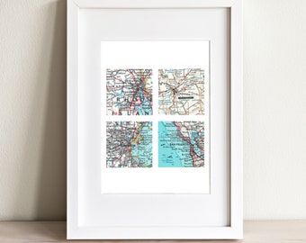 Four Square Map Art Print. Print Only. NO Frame. You Pick Cities Worldwide. Map Home Décor. Geography Wall Art. Vintage Map Print.