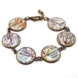 Custom Vintage Map Bracelet. You Select Six Cities, States, or Countries Worldwide. Travel Gifts For Women. Wanderlust. Wonderlust. Travel. image 2