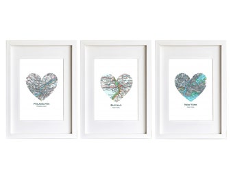 Set of THREE Custom Heart Map Art Prints. Prints Only NO Frame. You Select 3 Cities Worldwide. Personalized Text. Housewarming Gift.