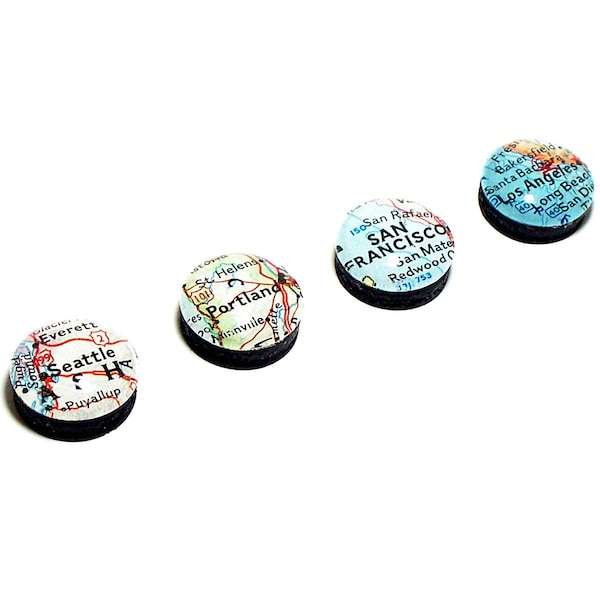 Map Magnets. Set of Four. You Pick Any Cities, States, or Countries. Super Strong Magnets. Glass Kitchen Magnets. Whiteboard Magnets.