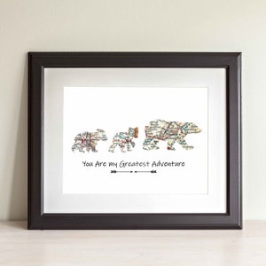 Décoration murale famille d'ours. Impression d'art de carte. Imprimez uniquement SANS cadre. Choisissez des villes du monde entier et un texte personnalisé. Cadeau fête des mères. Cadeau pour maman.