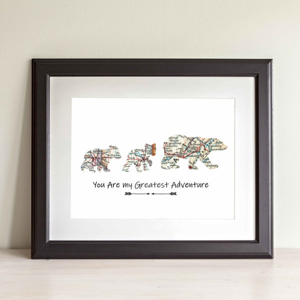 Bear Family Map Art Print. Print Only. NO Frame. You Select Cities Worldwide And Text. Mama Bear.  Mother's Day Gift. Single Mom or Parent