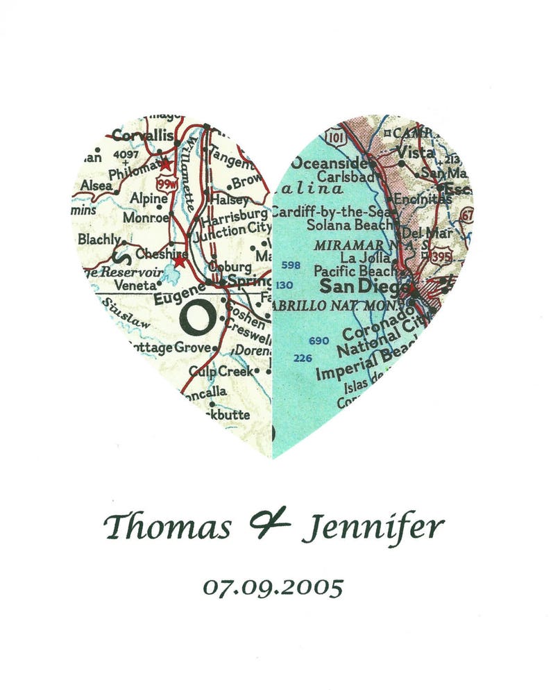 Two Map Heart Art Print. Print Only. NO Frame. You Pick Two Cities And Personalized Text. Split Heart Print Couples Engagement Gift image 2