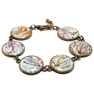 Custom Vintage Map Bracelet. You Select Six Cities, States, or Countries Worldwide. Travel Gifts For Women. Wanderlust. Wonderlust. Travel. image 1