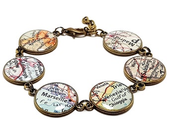 Custom Vintage Map Bracelet. You Select Six Cities, States, or Countries Worldwide. Travel Gifts For Women. Wanderlust. Wonderlust. Travel.