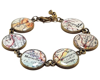 Custom Vintage Map Bracelet. You Select Six Cities, States, or Countries Worldwide. Travel Gifts For Women. Wanderlust. Wonderlust. Travel.