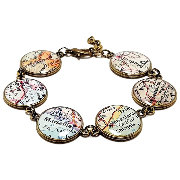 Bracelet carte vintage personnalisé. Vous sélectionnez six villes, états ou pays du monde entier. Cadeaux de voyage pour femmes. L'envie de voyager. L'envie de s'émerveiller. Voyagez.