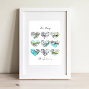 Impression d'art personnalisée carte neuf coeurs. Imprimez uniquement SANS cadre. Vous sélectionnez 9 villes dans le monde et votre texte personnalisé. Cadeaux grands-parents, maman ou papa
