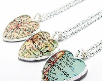 Personalized Heart Vintage Map Necklace. You Pick City, State, or Country. Anywhere In The World. One Necklace. Custom Map Pendant Jewelry.