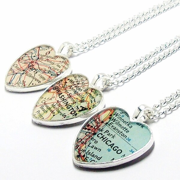 Personalized Heart Vintage Map Necklace. You Pick City, State, or Country. Anywhere In The World. One Necklace. Custom Map Pendant Jewelry.