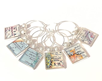 CUSTOM Square Map Wine Glass Charms. Set of Six. You Select Locations Worldwide. Personalized Wine Charms. Travelers Gift Gifts for Travel