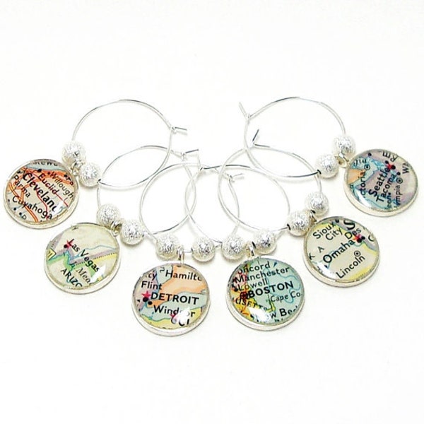 CUSTOM Vintage Map Wine Glass Charms. Set of Six. You Select Cities Worldwide. World Wine Charms Destination Wine Charms. Travel Wine Charms