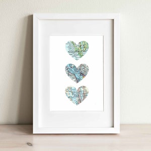 Personalized Three Hearts Map Art Print: Custom City, State, Country, Travel Gift