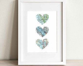 Three Heart Map Art Print. Print Only. NO Frame. You Select Three Cities, States, or Countries Worldwide And Personalized Text. Mother's Day