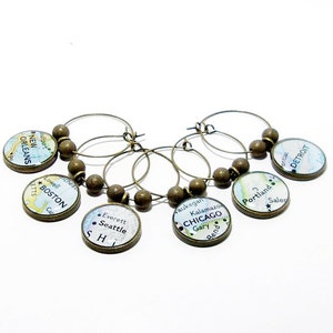 CUSTOM Vintage Map Wine Glass Charms. Set of Six. You Select Locations Worldwide. Travel Wine Charms. Unique Christmas Gift Idea.