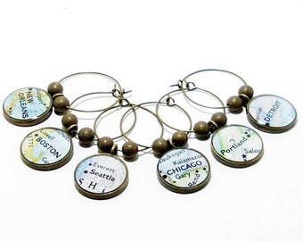 CUSTOM Vintage Map Wine Glass Charms. Set of Six. You Select Locations Worldwide. Travel Wine Charms. Unique Christmas Gift Idea.