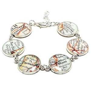 Custom Map Bracelet Personalized with Six Cities, States, or Countries Worldwide. Travel Bracelet Geography Jewelry. Vacation Travel Gifts