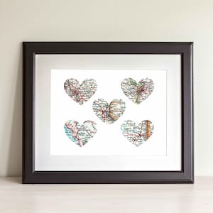 Impression d'art coeur cinq cartes. Impression uniquement. PAS de cadre. Vous choisissez des villes du monde entier et un texte personnalisé. Cadeau pour les parents. Les grands-parents. Maman. Papa.