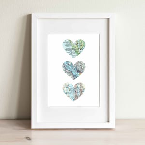 Three Heart Map Art Print. Print Only. NO Frame. You Select 3 Cities Worldwide And Personalized Text. 3 Heart Map Print Valentine's Day Gift