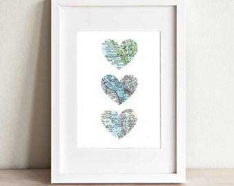 Three Heart Map Art Print. Print Only. NO Frame. You Select 3 Cities Worldwide And Personalized Text. 3 Heart Map Print Valentine's Day Gift