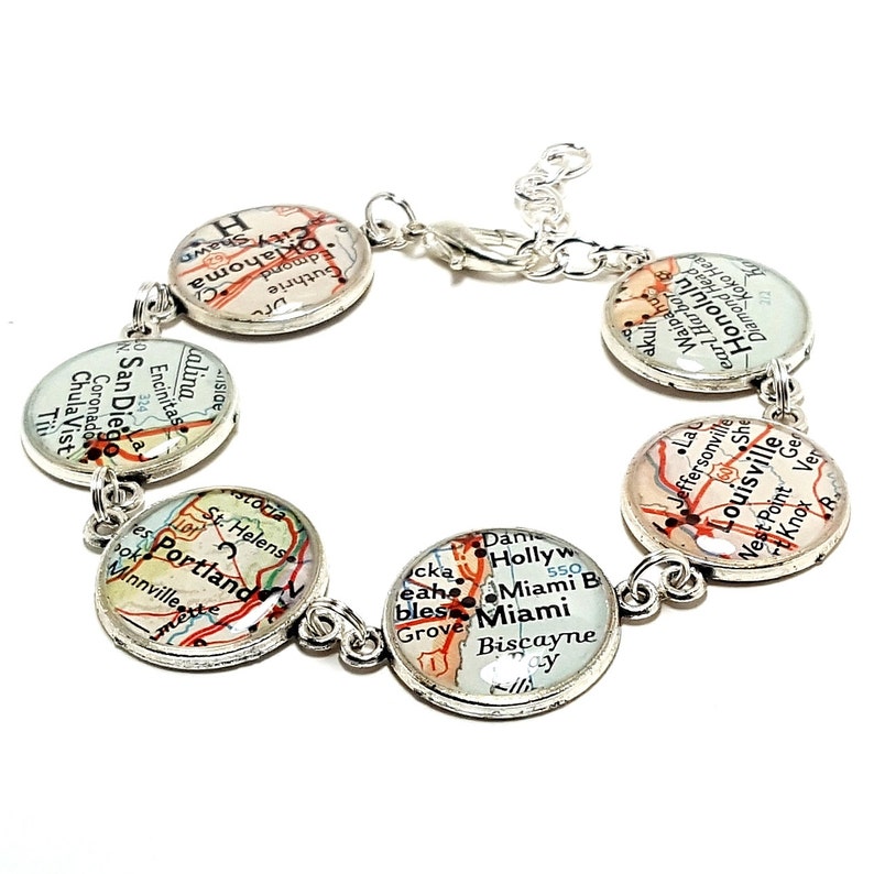 Custom Vintage Map Bracelet. You Select Six Cities, States, or Countries Worldwide. Travel Gifts For Women. Wanderlust. Wonderlust. Travel. image 4