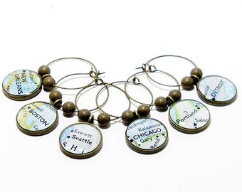 Set of Six. CUSTOM Vintage Map Wine Glass Charms. You Select Locations Worldwide. Destination Wine Glass Charms. Travel Wine Charms. Wine