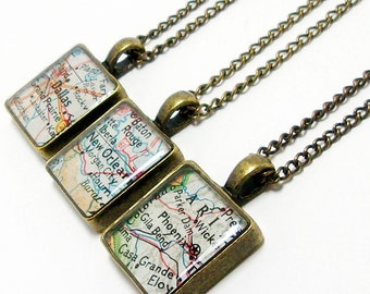 Personalized Vintage Map Square Necklace. You City, State, or Country Worldwide. One Necklace Travel Gifts Birthday Gifts For Her. Valentine