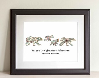 Bear Family Map Art Print. Print Only. NO Frame. You Select Cities Worldwide And Text. Papa Bear. Father's Day Gift. Gift for Dad. Baby Bear