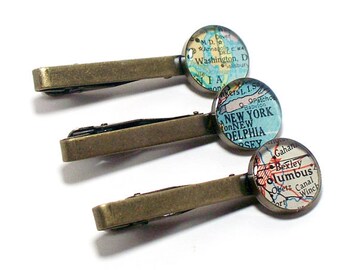 One Custom Vintage Map Tie Clip. You Select Location Worldwide. Personalized Wedding Tie Bar. Personalised Groom Tie Tack. Groomsmen Gifts.