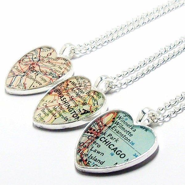 Heart Map Necklace. You Select Location Worldwide. One Necklace. Map Gifts. Personalized Gift. Vintage Map Travel Necklace. Geography Gift.