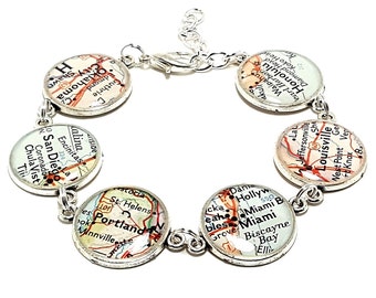 Custom Vintage Map Bracelet. You Select Six Locations. Anywhere In The World. Travel. Map Jewelry. Easter or Mother's Day Gift For Her