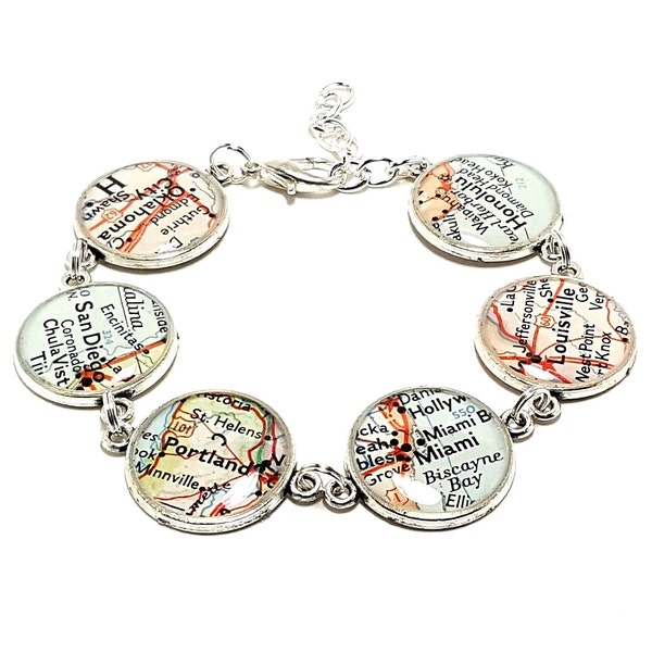 Custom Vintage Map Bracelet. You Select Six Locations. Anywhere In The World. Travel. Map Jewelry. Easter or Mother's Day Gift For Her