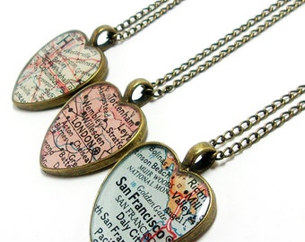 CUSTOM Vintage Heart Map Necklace. You Select Location. Anywhere In The World. One Necklace. Resin Pendant Necklace. Personalized Jewelry.