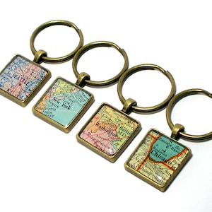 Personalized Vintage Map Keychain. You Pick City, State, or Country. One Keyring. Personalised Gifts For Him. Gift For Her. Going Away Gift.