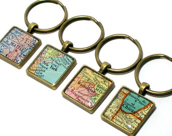 Personalized Vintage Map Keychain. You Pick City, State, or Country. One Keyring. Personalised Gifts For Him. Gift For Her. Going Away Gift.